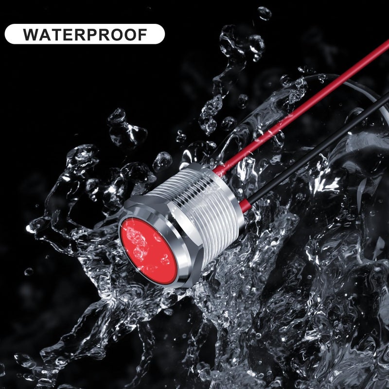 FICOLPO 10 قطع ضوء مؤشر معدني LED مقاوم للماء، 12-24 فولت، ثقب تركيب بقطر 0.63 بوصة، ضوء إشارة طيار موصل مسبقًا للسيارات والشاحنات والقوارب والبحرية والعدادات والكهرباء الصناعية (أحمر، 16 مم) - Image 2